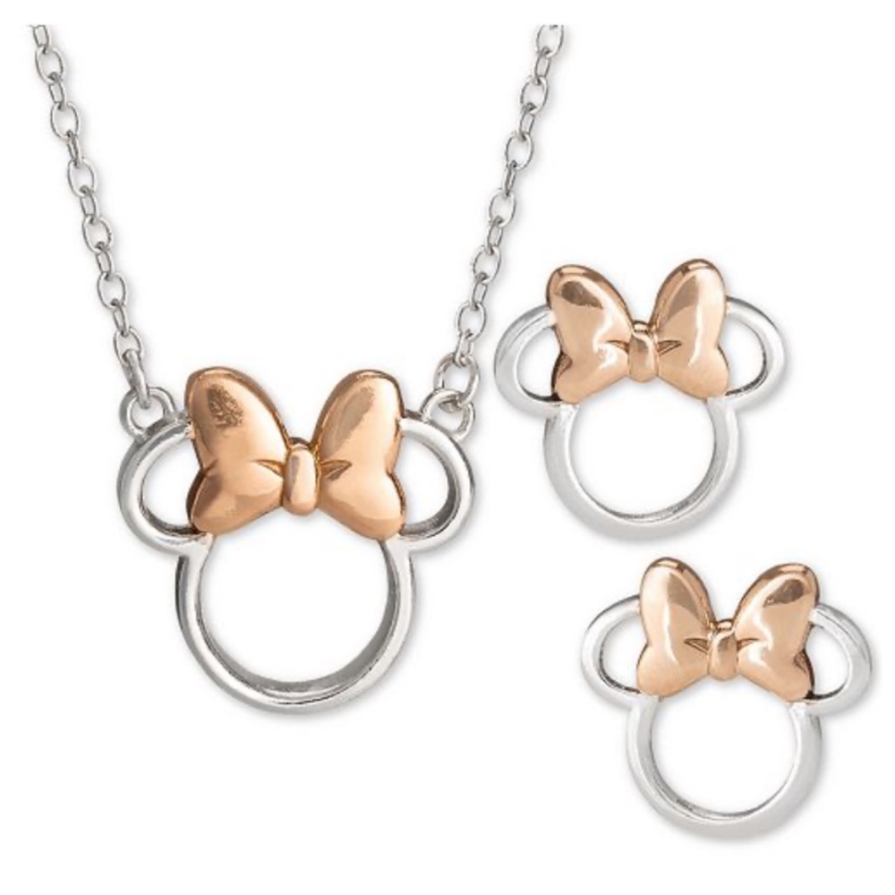 Disney Minnie Mouse Two-Tone Earring & Necklace Set in Sterling Silver/Rose Gold